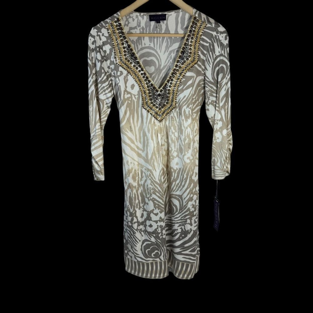 Hale Bob Tan/White NWT Beaded Bodice Sheath Dress Sz M